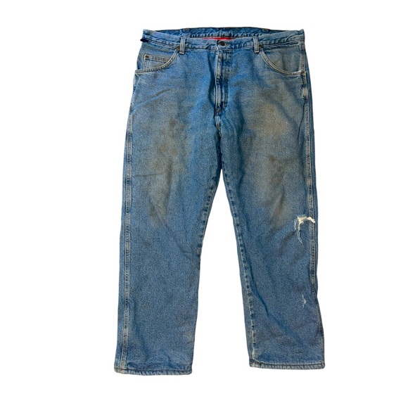 Vintage Wrangler Distressed Fleece Lined Jeans Red Fleece Medium Wash Size 40X30 - Picture 1 of 12